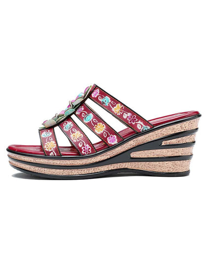Triple Flowers Purle Wedge Slippers