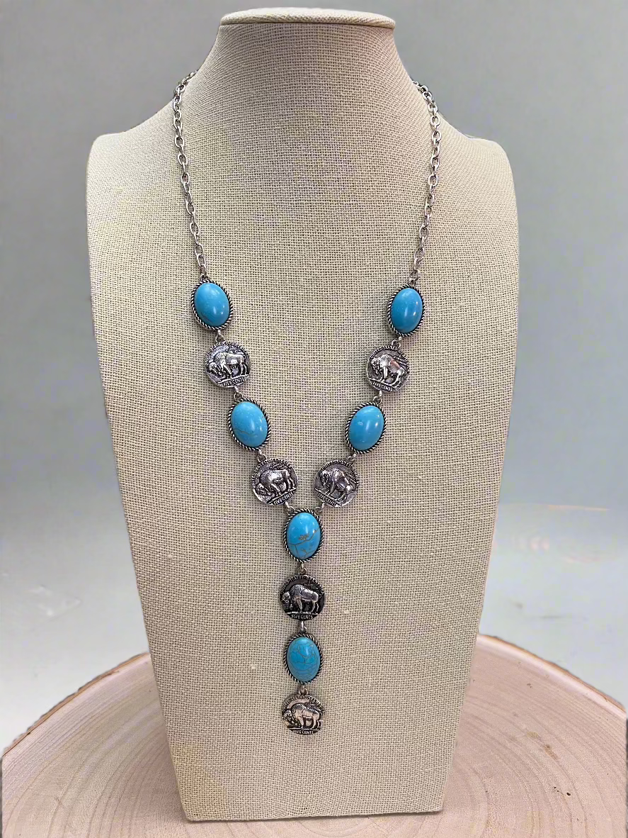 Western Small Buffalo Coin Faux Lariat Necklace - 20 inch + 3