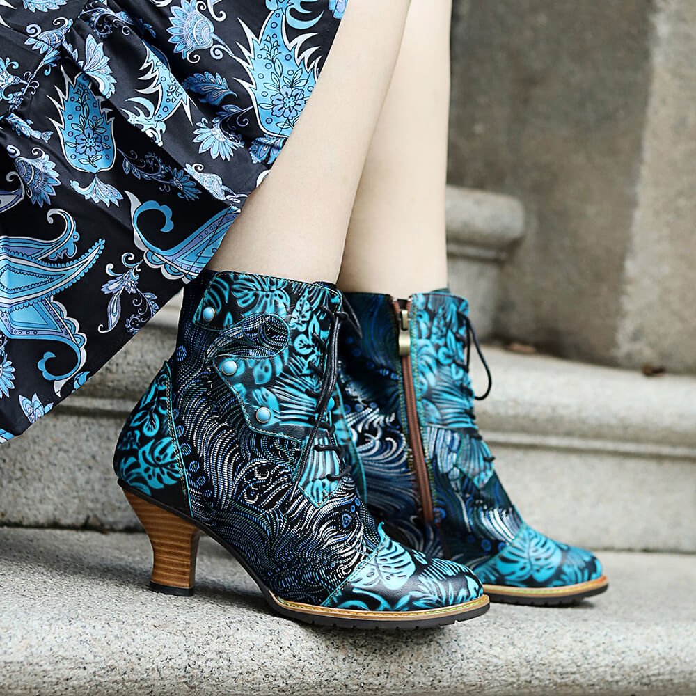 Blue Embossed Leather And Warm Brocade Comfy Ankle Boots