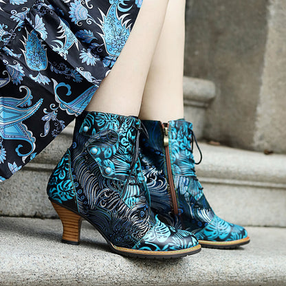 Blue Embossed Leather And Warm Brocade Comfy Ankle Boots