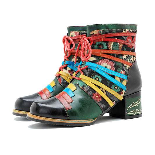 Vintage Handcrafted Colorful Strap Patchwork Ankle Boots