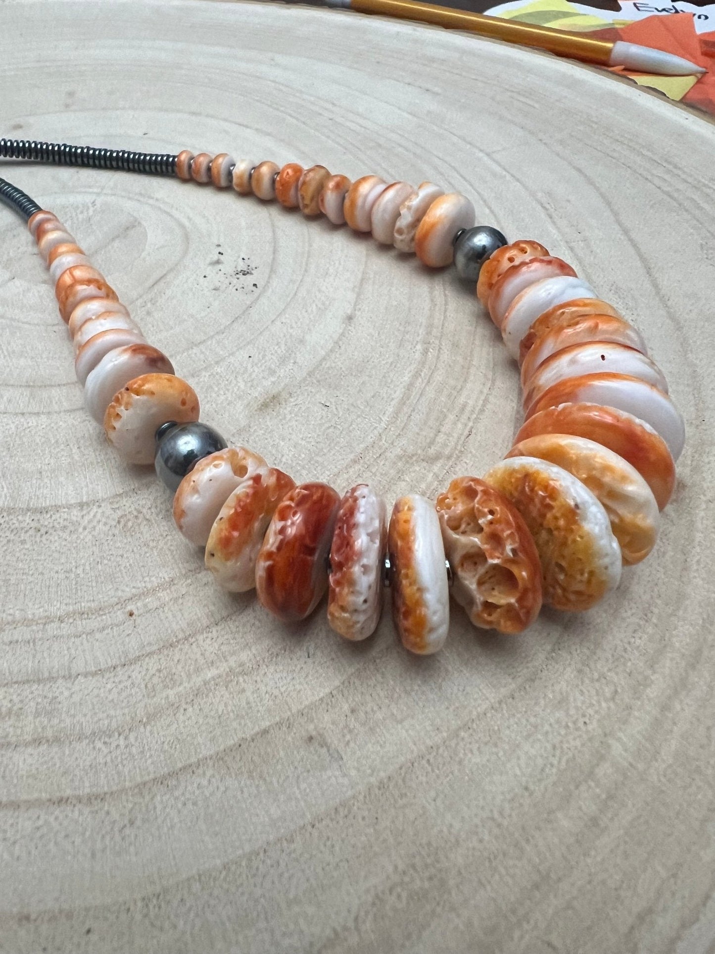 Graduated Orange Spiny Necklace with Sterling Silver Pearls - 23 inch
