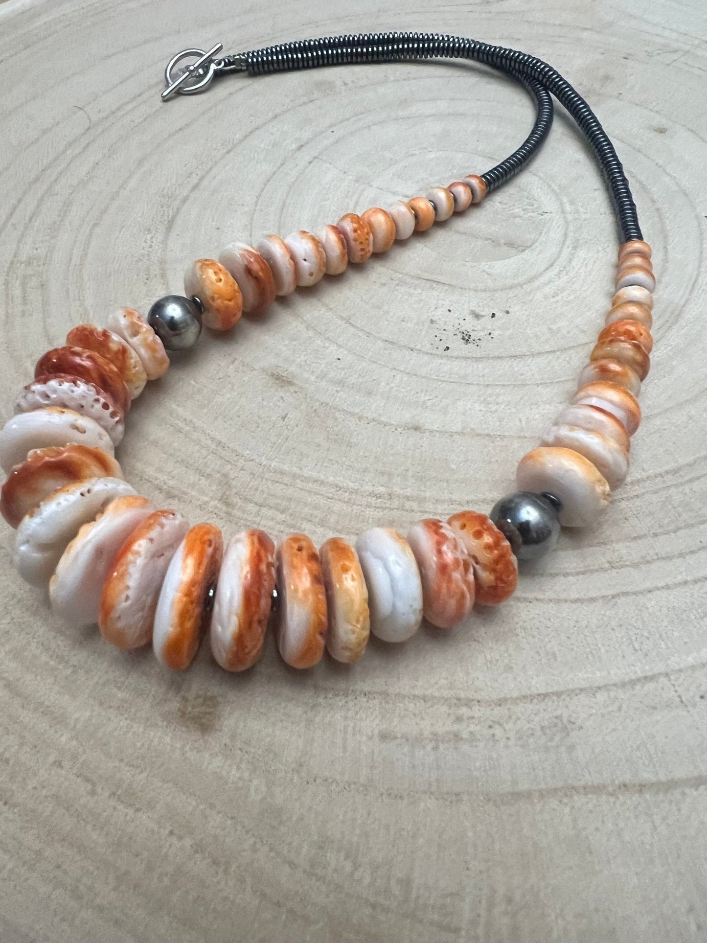 Graduated Orange Spiny Necklace with Sterling Silver Pearls - 23 inch