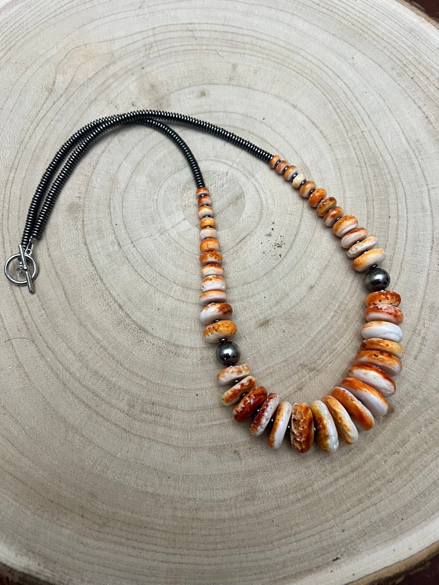 Graduated Orange Spiny Necklace with Sterling Silver Pearls - 23 inch