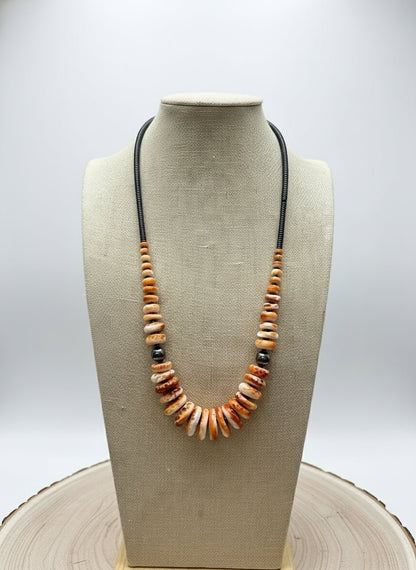 Graduated Orange Spiny Necklace with Sterling Silver Pearls - 23 inch