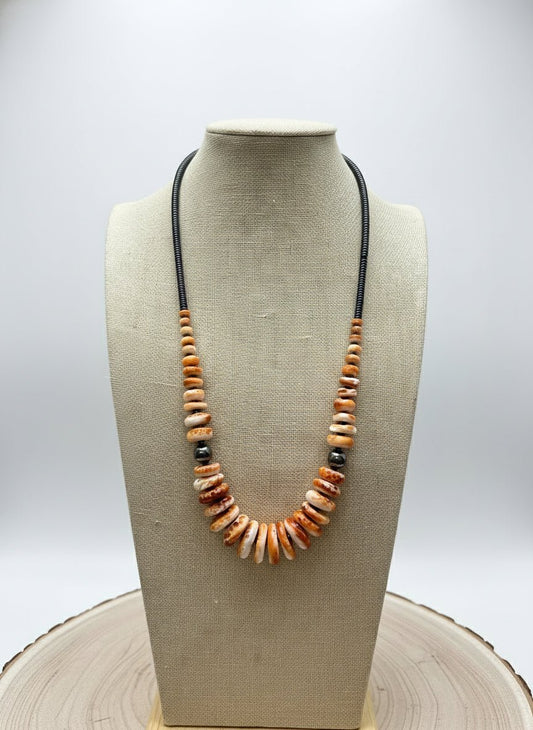 Graduated Orange Spiny Necklace with Sterling Silver Pearls - 23 inch