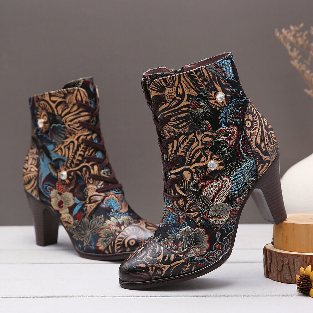 Embroidery Floral Handmade Genuine Leather Boots
