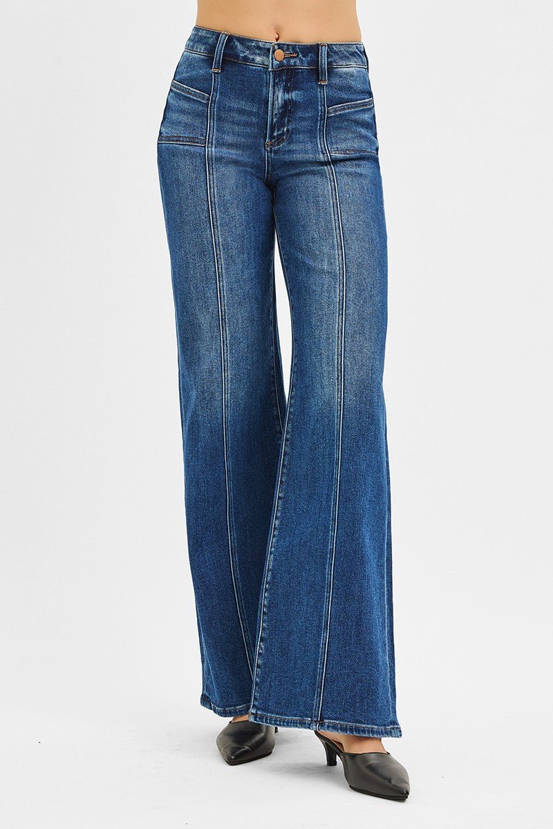 Risen Mid Rise Front Seam Wide Leg Jeans