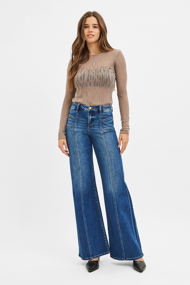Risen Mid Rise Front Seam Wide Leg Jeans