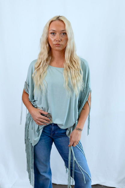 Showstopper Fringe Top - Washed Seafoam