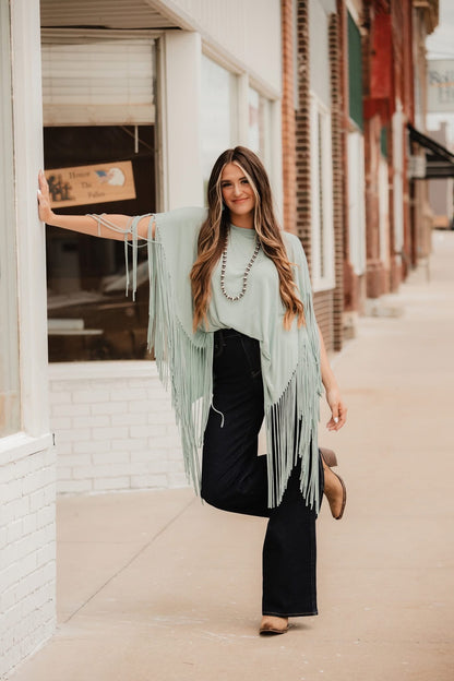 Showstopper Fringe Top - Washed Seafoam