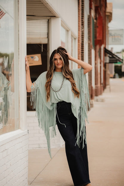 Showstopper Fringe Top - Washed Seafoam