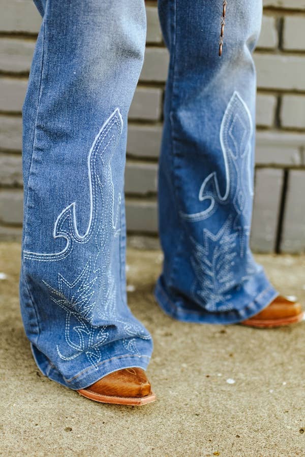 Stone Wash High Rise Boot Stitch Embroidered Flare Jeans