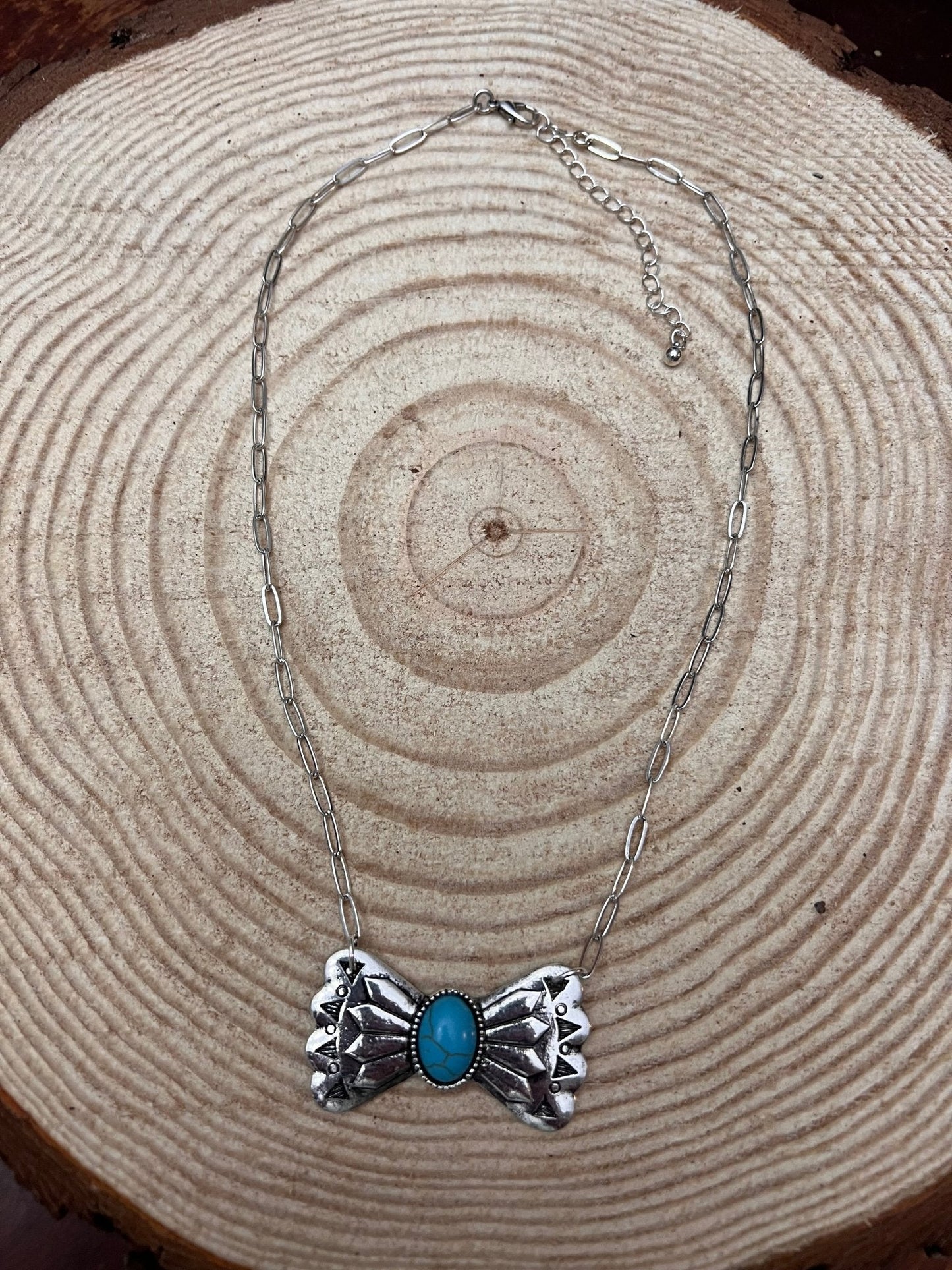 Western Bowtie and Faux Turquoise Necklace - 18 inch + 3