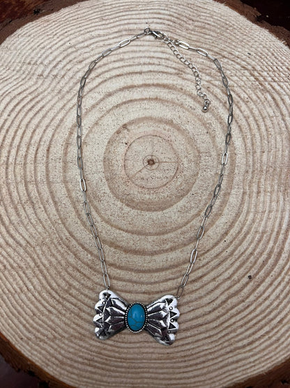 Western Bowtie and Faux Turquoise Necklace - 18 inch + 3