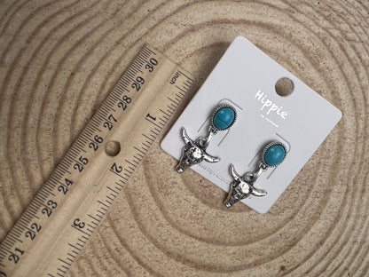 Western Bull Skull Dangle Earrings with Faux Turquoise - 1 1/2 inch drop
