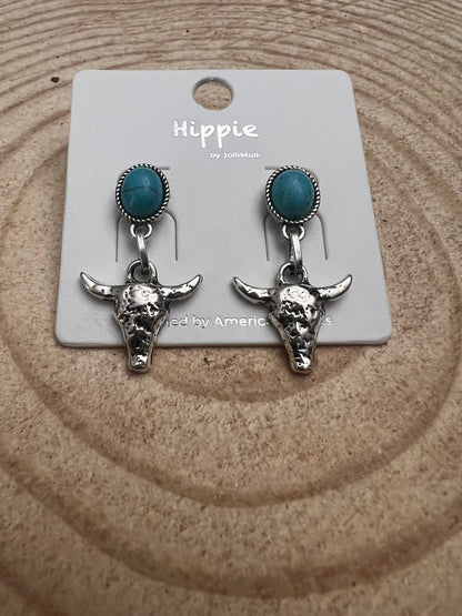 Western Bull Skull Dangle Earrings with Faux Turquoise - 1 1/2 inch drop