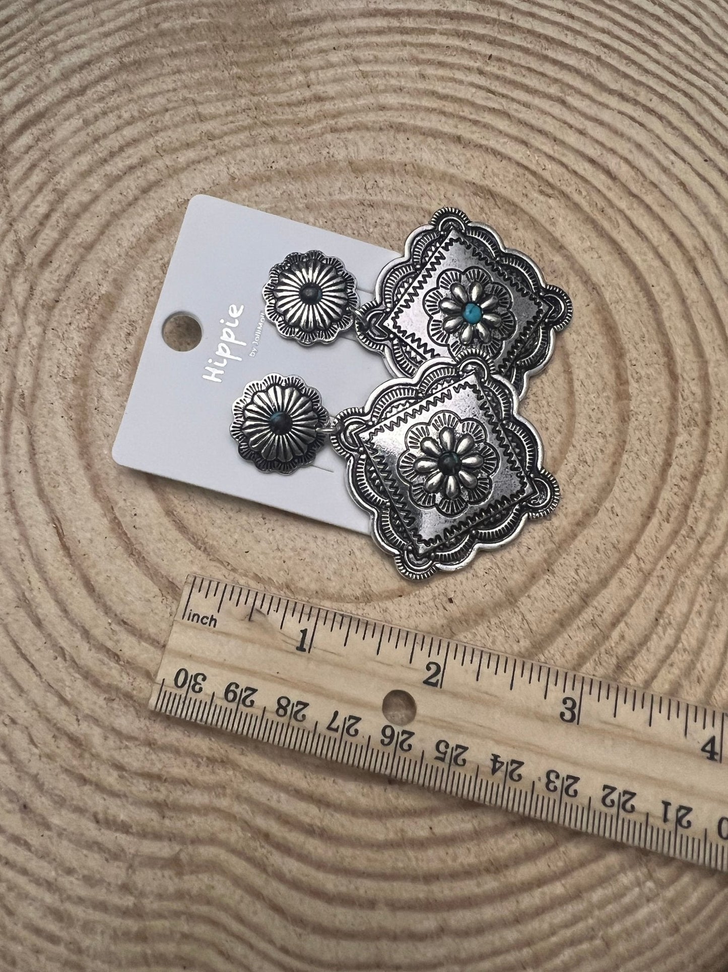 Western Concho Dangle Earrings with multi color stones - 2 1/2 inch drop