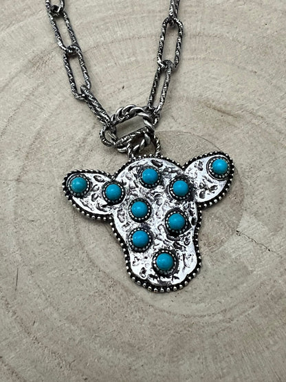 Western Cow Head Necklace with Faux Turquoise - 18 inch