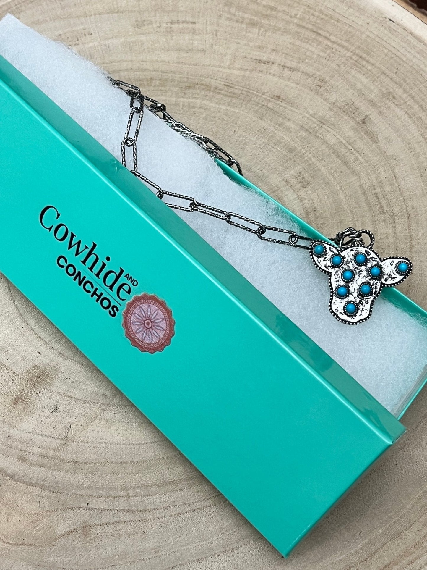 Western Cow Head Necklace with Faux Turquoise - 18 inch