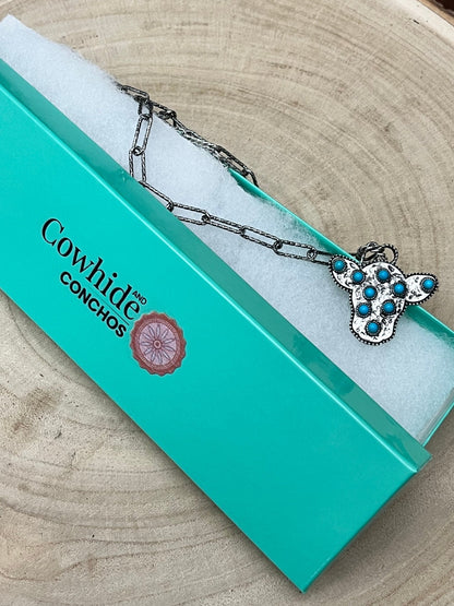 Western Cow Head Necklace with Faux Turquoise - 18 inch