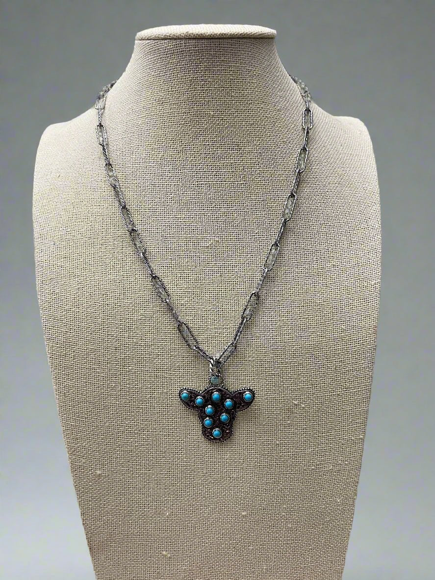 Western Cow Head Necklace with Faux Turquoise - 18 inch