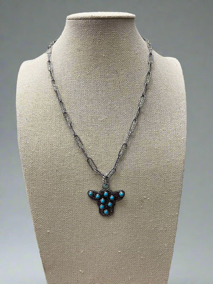Western Cow Head Necklace with Faux Turquoise - 18 inch
