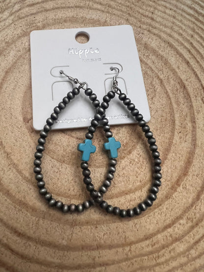 Western Cross with Faux Turquoise Metal Pearl Teardrop Earrings - 2 1/2 inch drop