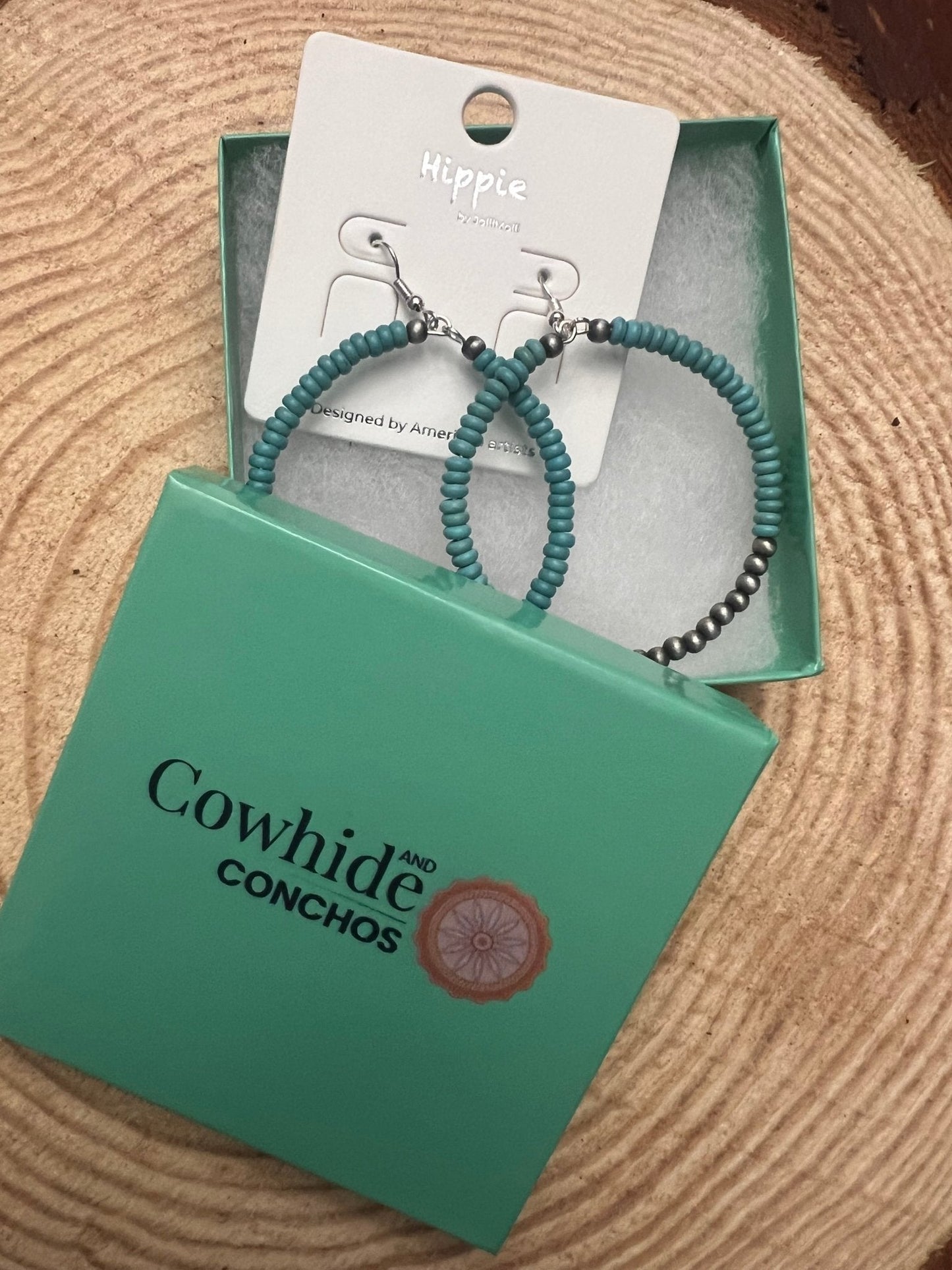 Western Faux Pearls and Faux Turquoise Hoop Earrings - 2 1/2 inch drop