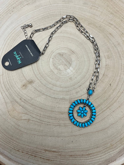 Western Faux Turquoise Flower Cluster Necklace - 18 inch