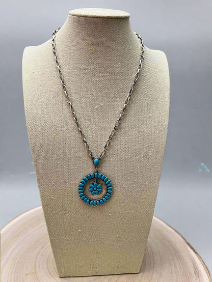 Western Faux Turquoise Flower Cluster Necklace - 18 inch