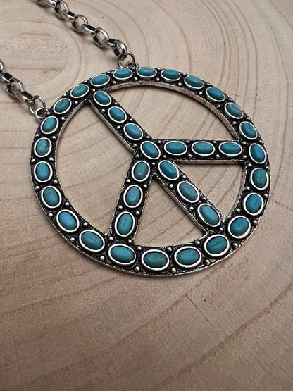 Western Faux Turquoise Peace Necklace - 22 inch