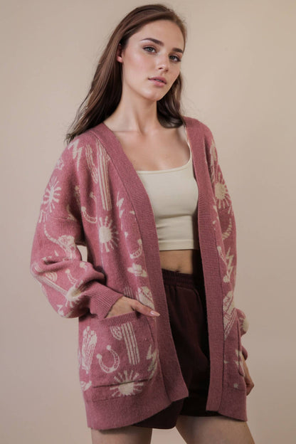Western Graphic Knit Sweater Cardigan - Mauve