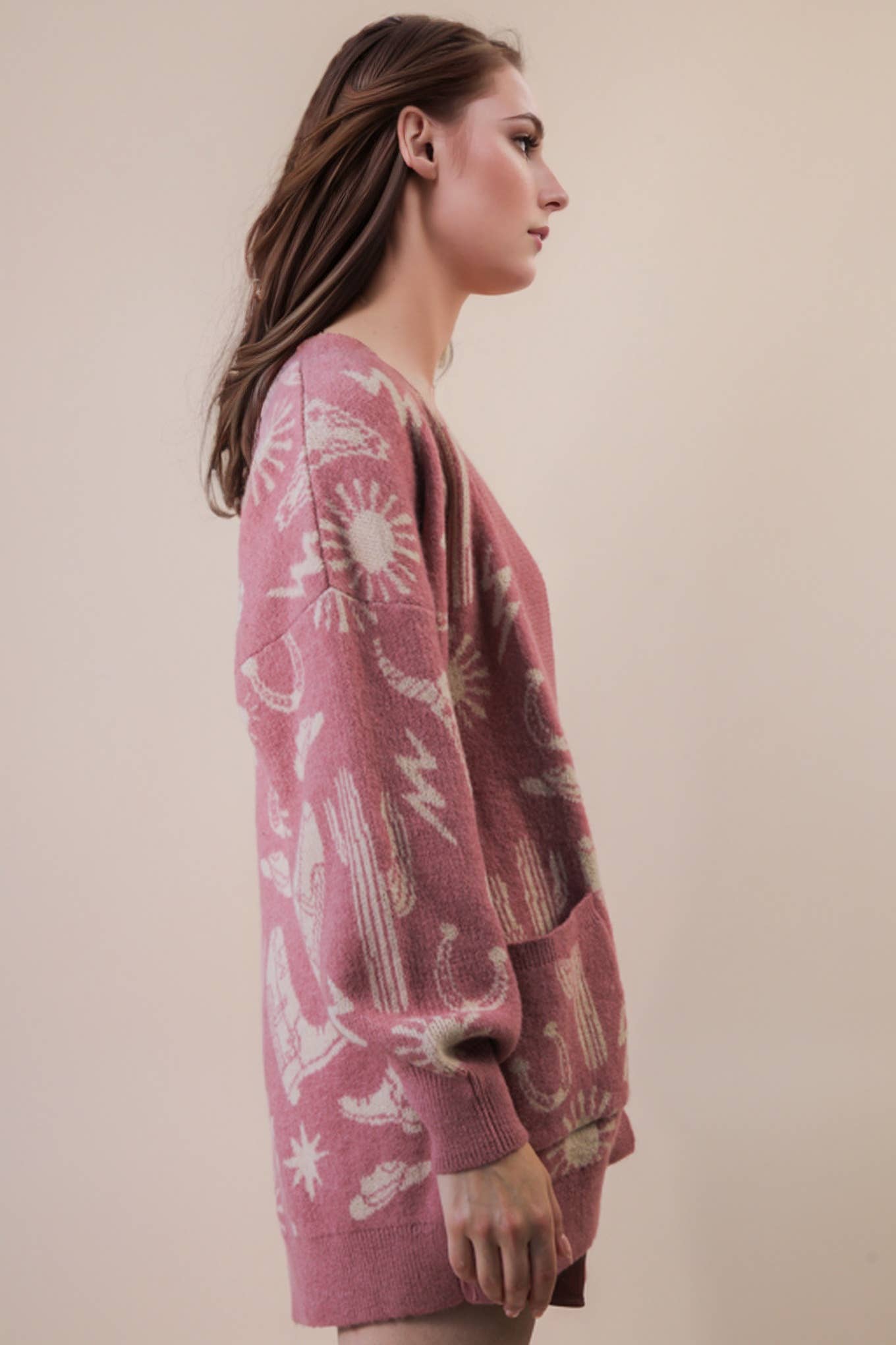 Western Graphic Knit Sweater Cardigan - Mauve