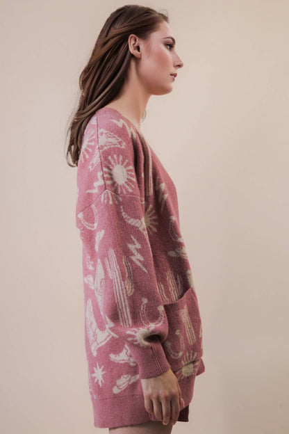 Western Graphic Knit Sweater Cardigan - Mauve
