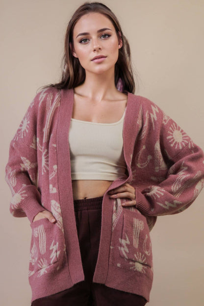 Western Graphic Knit Sweater Cardigan - Mauve
