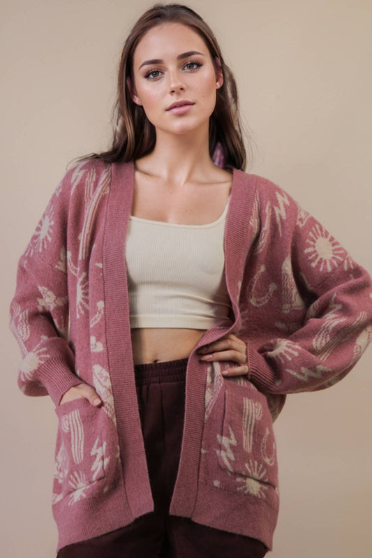 Western Graphic Knit Sweater Cardigan - Mauve