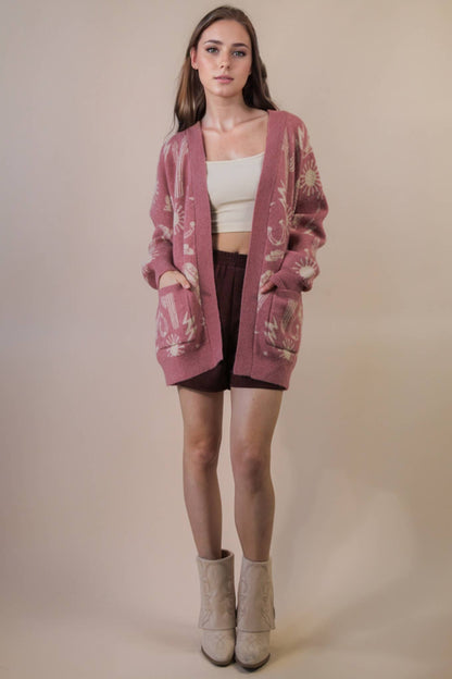 Western Graphic Knit Sweater Cardigan - Mauve