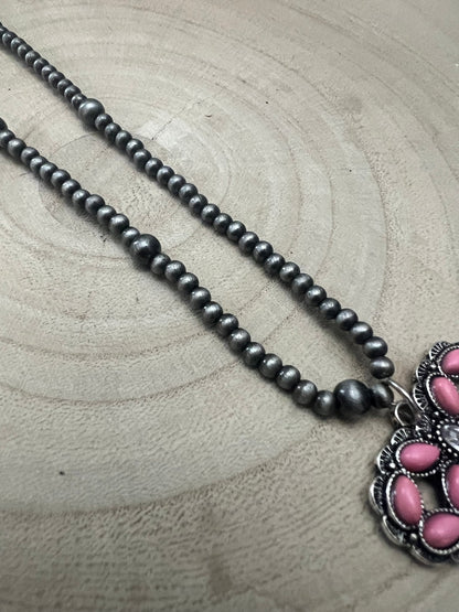 Western Pink Bow and Faux Pearls Necklace - 18 inch +3