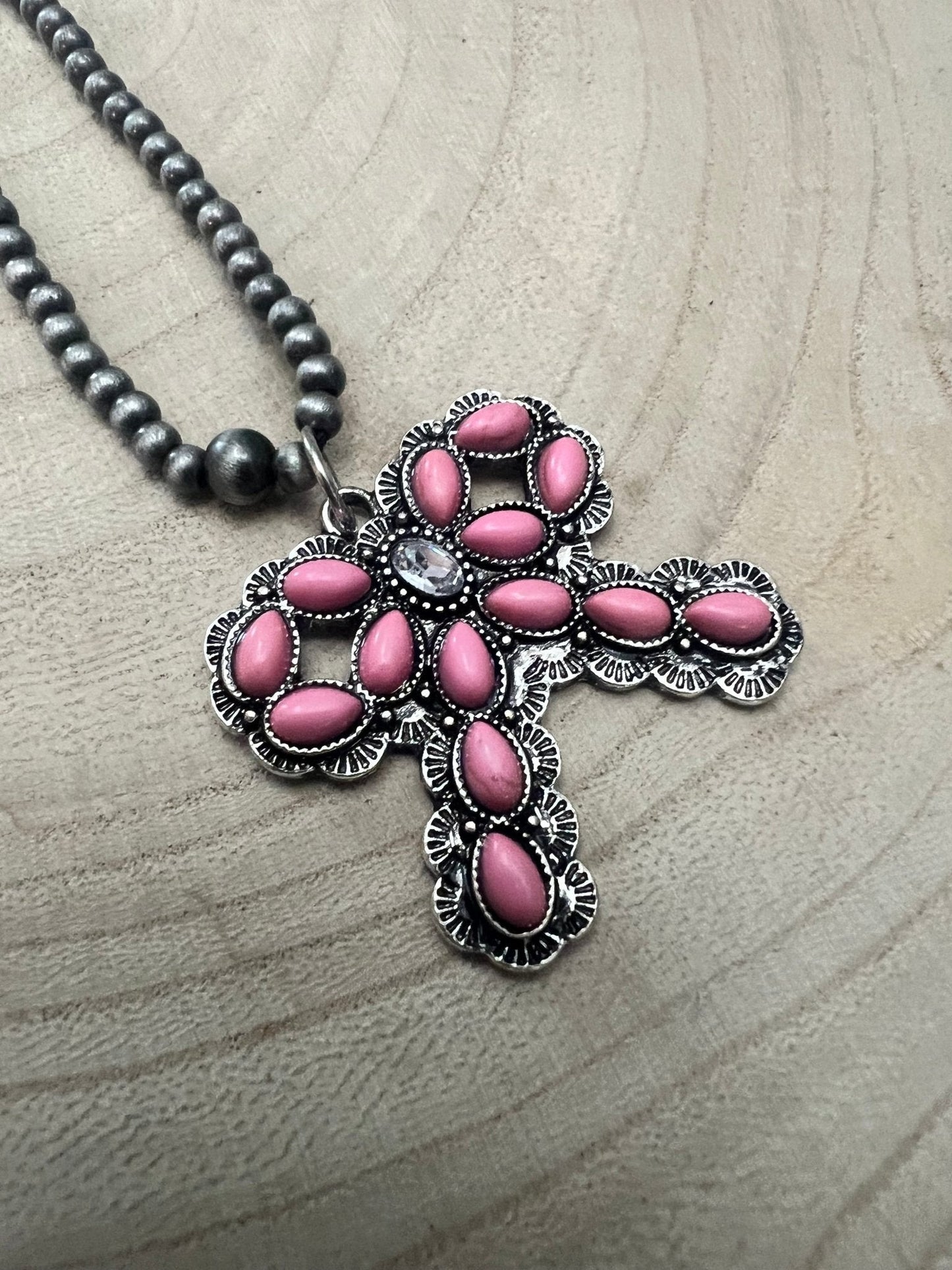 Western Pink Bow and Faux Pearls Necklace - 18 inch +3