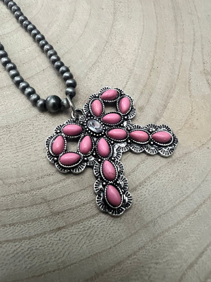 Western Pink Bow and Faux Pearls Necklace - 18 inch +3