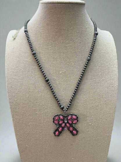 Western Pink Bow and Faux Pearls Necklace - 18 inch +3