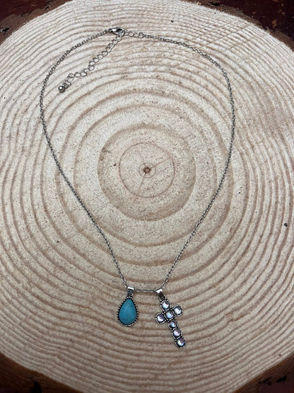 Western Rhinestone Cross and Faux Turquoise Dangle Necklace - 18 inch + 3