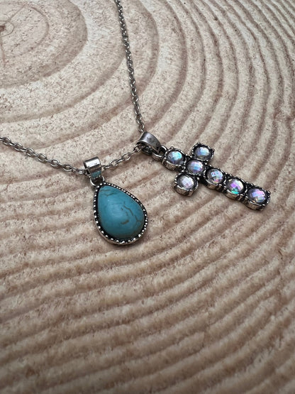 Western Rhinestone Cross and Faux Turquoise Dangle Necklace - 18 inch + 3
