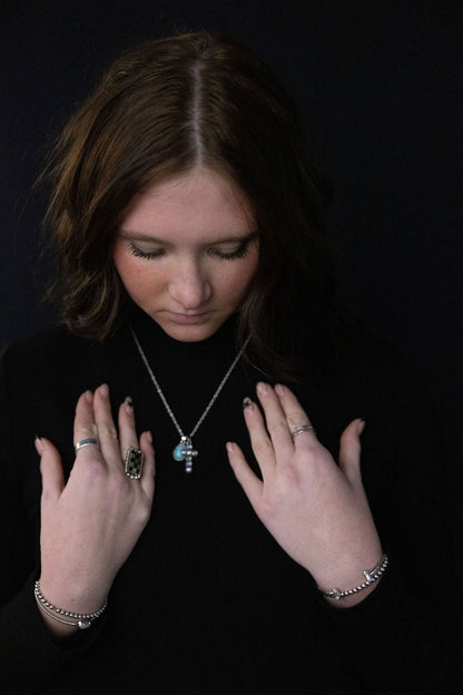 Western Rhinestone Cross and Faux Turquoise Dangle Necklace - 18 inch + 3