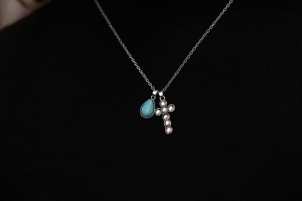Western Rhinestone Cross and Faux Turquoise Dangle Necklace - 18 inch + 3