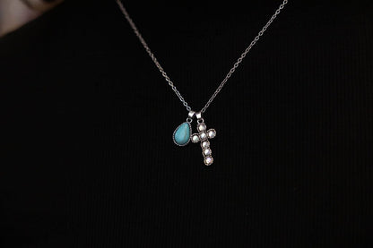 Western Rhinestone Cross and Faux Turquoise Dangle Necklace - 18 inch + 3