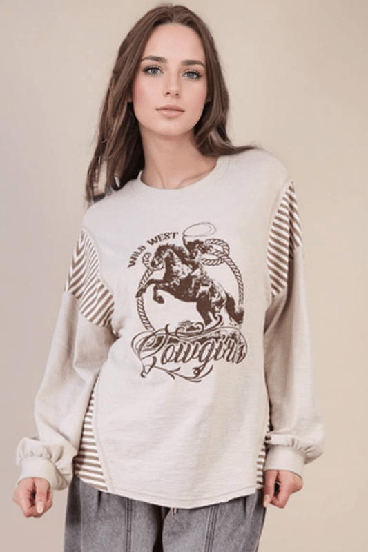 Wild West Cowgirls Graphic Knit Top - Taupe or Olive