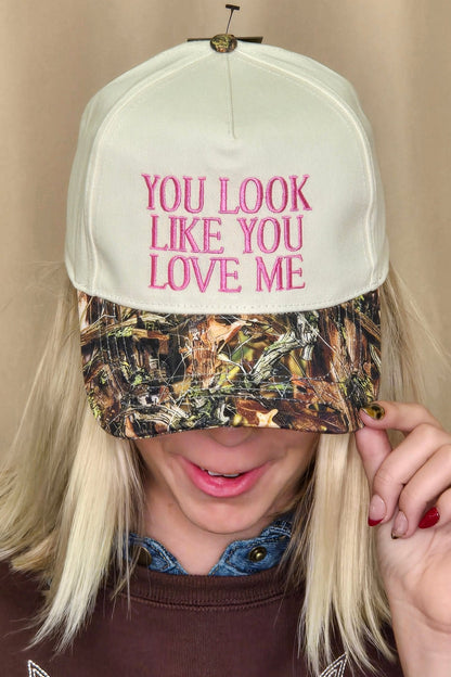 You Look Like You Love Me Embroidered Camo Trucker